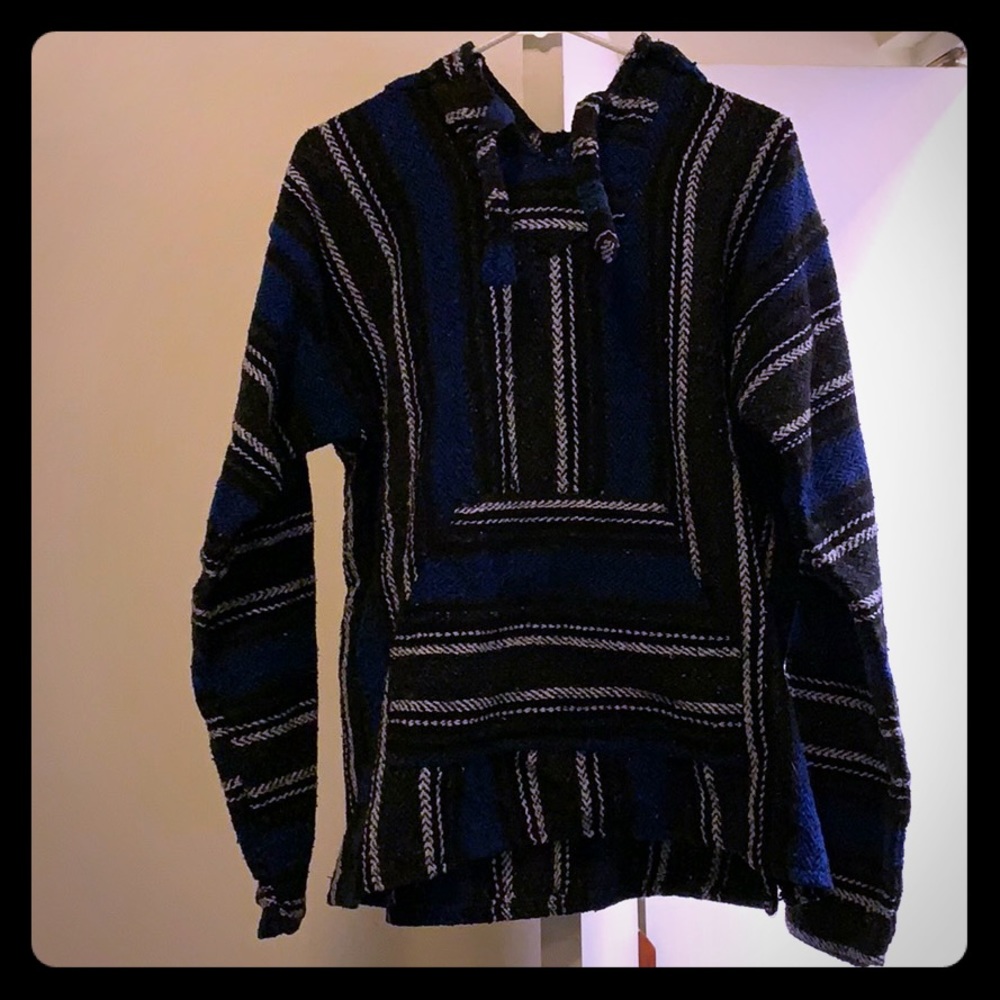 Black, blue, and white hoodie with pocket